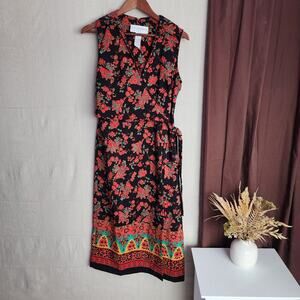 Sag Harbor Women's Wrap Dress Size 10P Red Black Floral Faux 2 Piece Side Zip